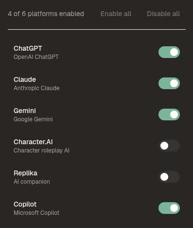 Toggle which AI platforms to monitor